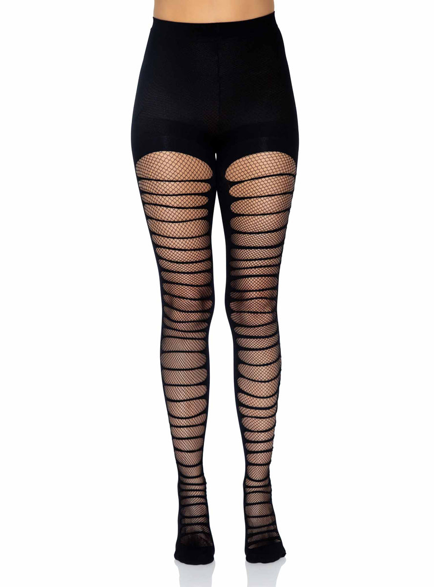 Womens Black Double Layer Shredded Spandex And Fishnet Stockings Alternative Image