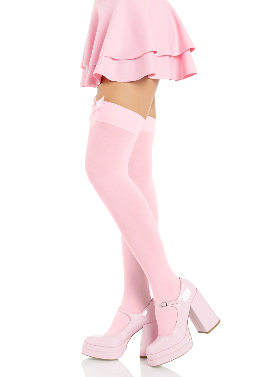 Womens Opaque Light Pink Thigh High Stockings With Satin Bows Side Image