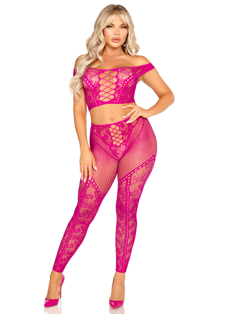 Sexy Magenta Net and Lace Crop and Leggings Set