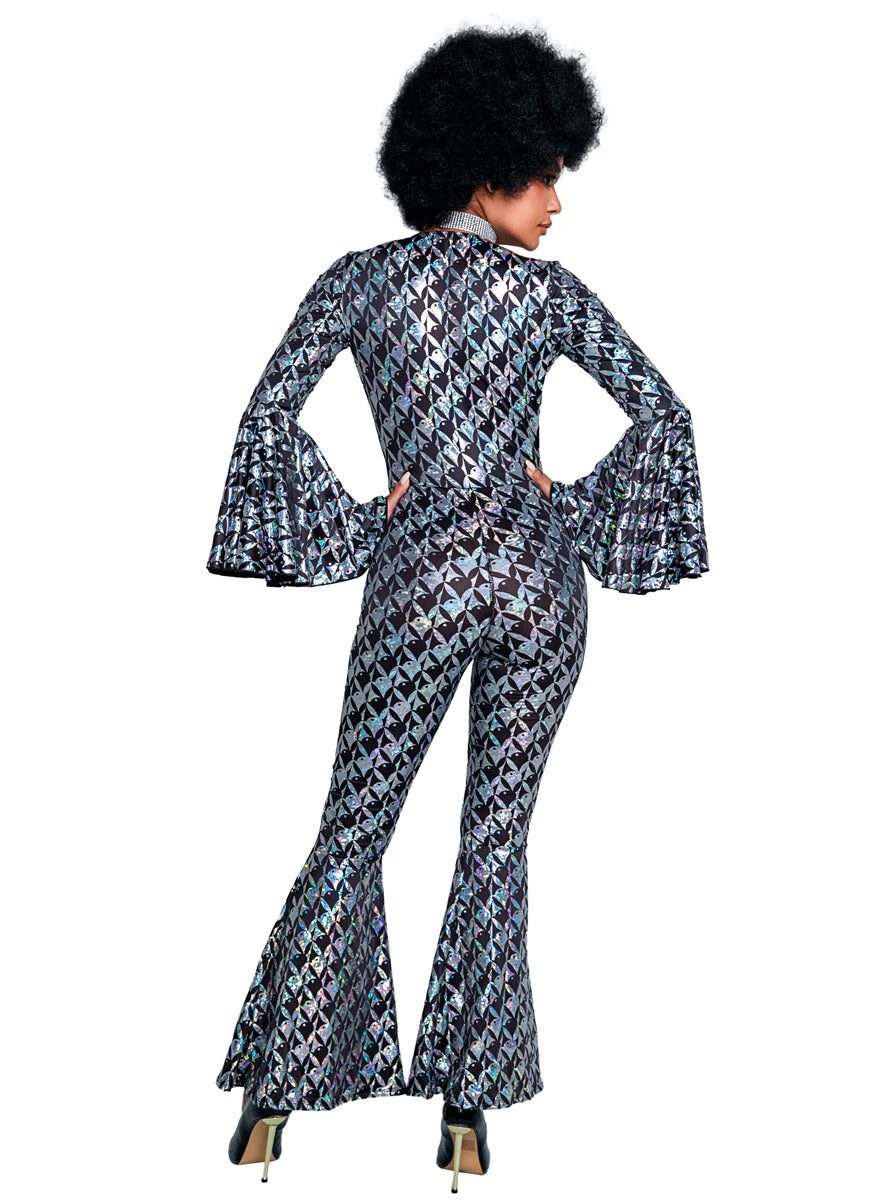 Womens Sexy Playboy Bunny Silver and Black Holographic Print 70s Disco Fever Costume - Back Image
