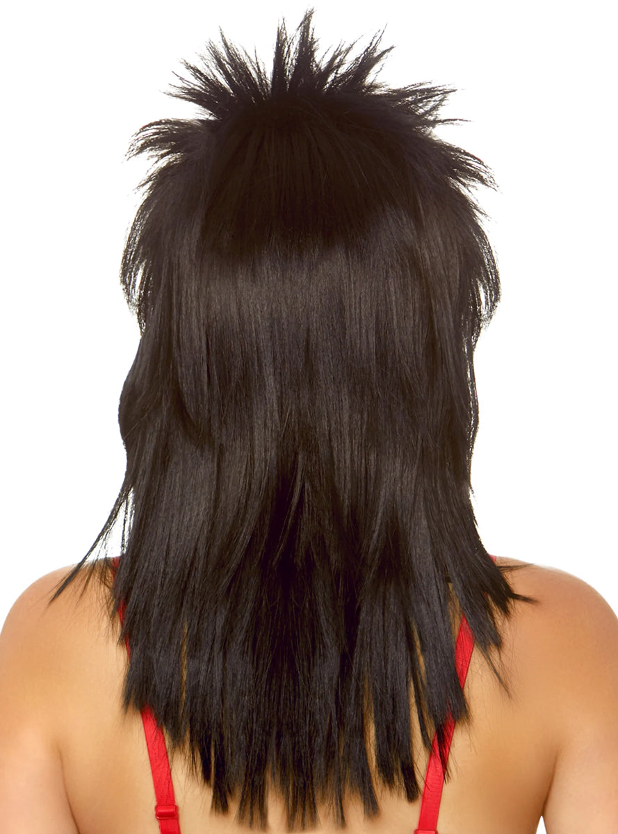 Adults Straight Black Rockstar Mullet Costume Wig Back Image