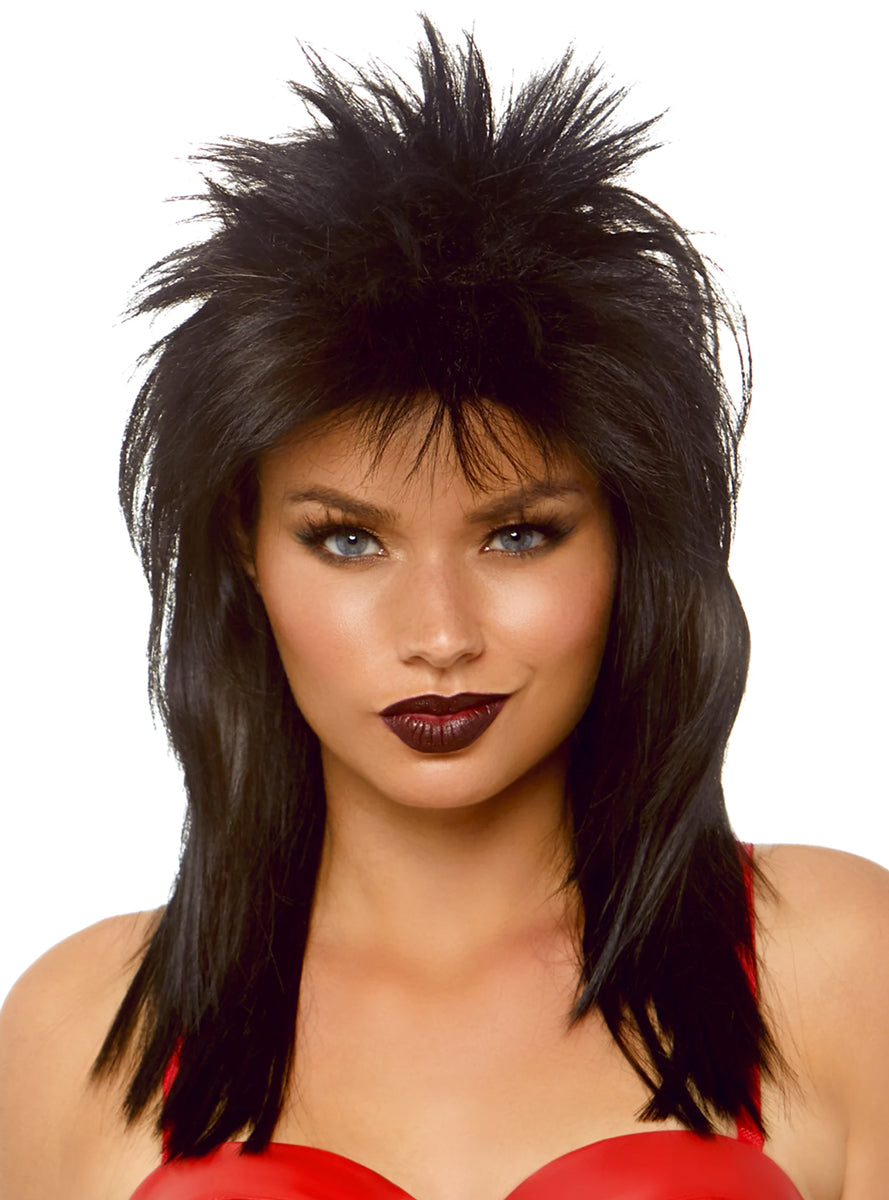 Adults Straight Black Rockstar Mullet Costume Wig Main Image