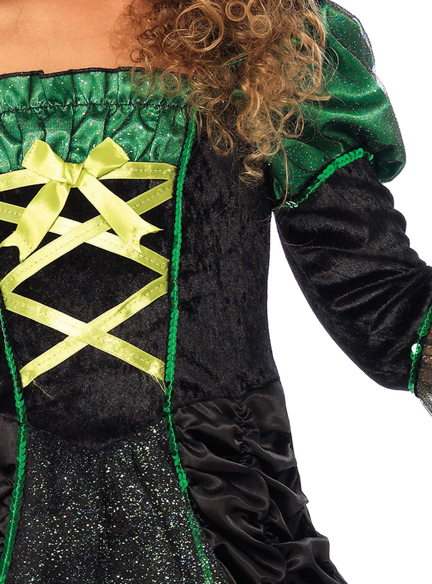 Girls Black And Green Storybook Witch Halloween Costume Close Image 2