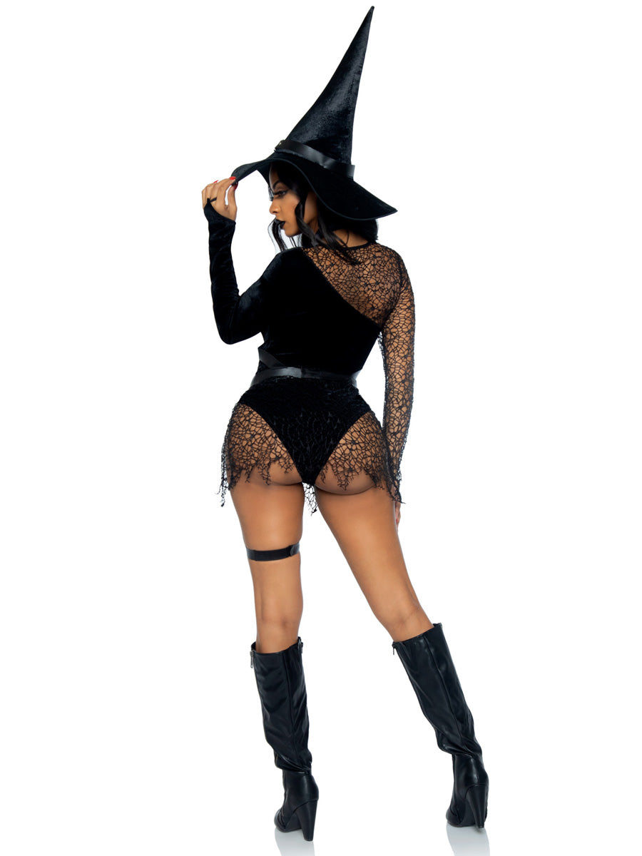 Womens Sexy Black Crafty Witch Halloween Bodysuit Costume Back Image