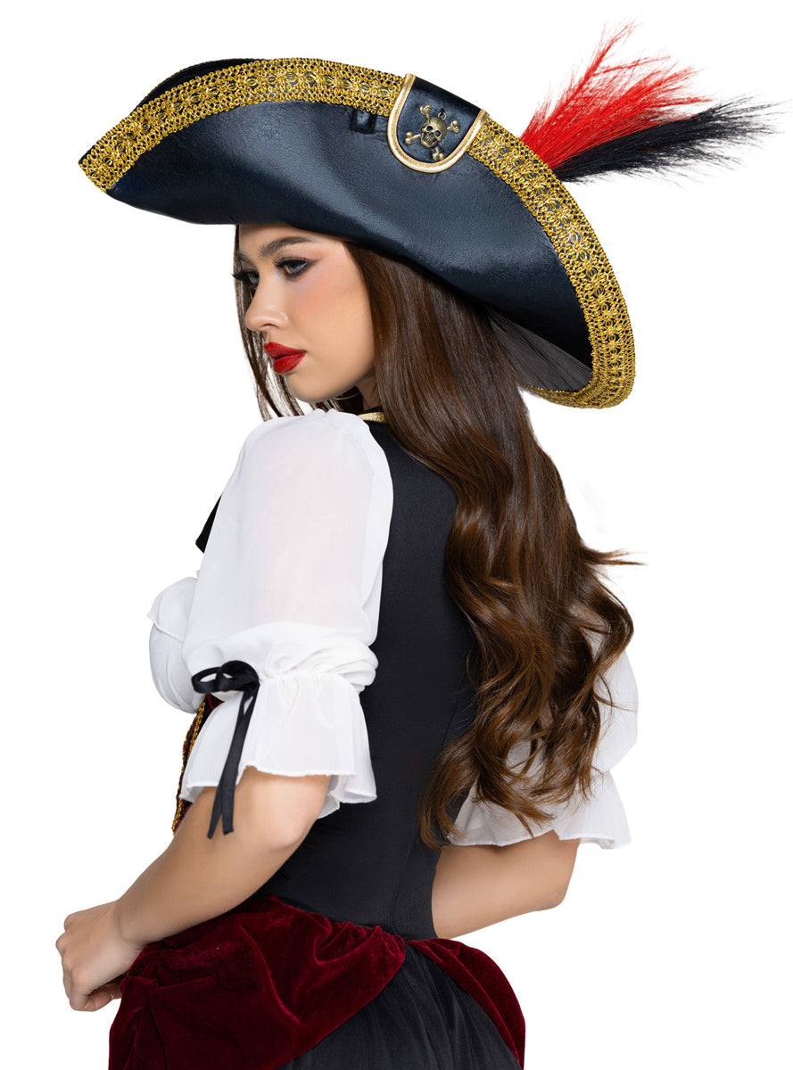 Faux Black Leather Pirate Hat with Feather