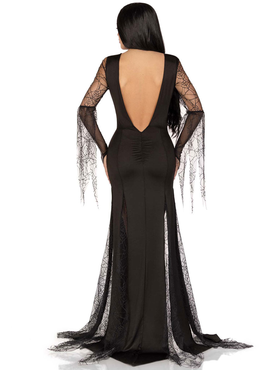 Womens Sexy Black Spooky Beauty Morticia Halloween Costume Back Image