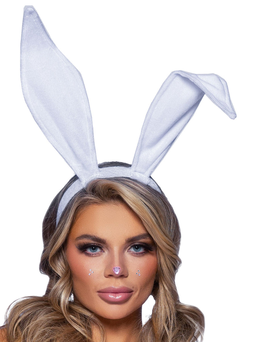 Womens White Velvet Bendable Bunny Rabbit Costume Ears Main Image