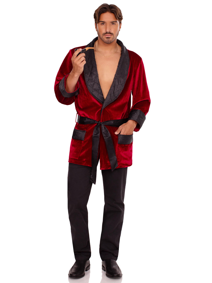 Mens Burgundy Bachelor Smoking Jacket Hugh Hefner Costume Main Image