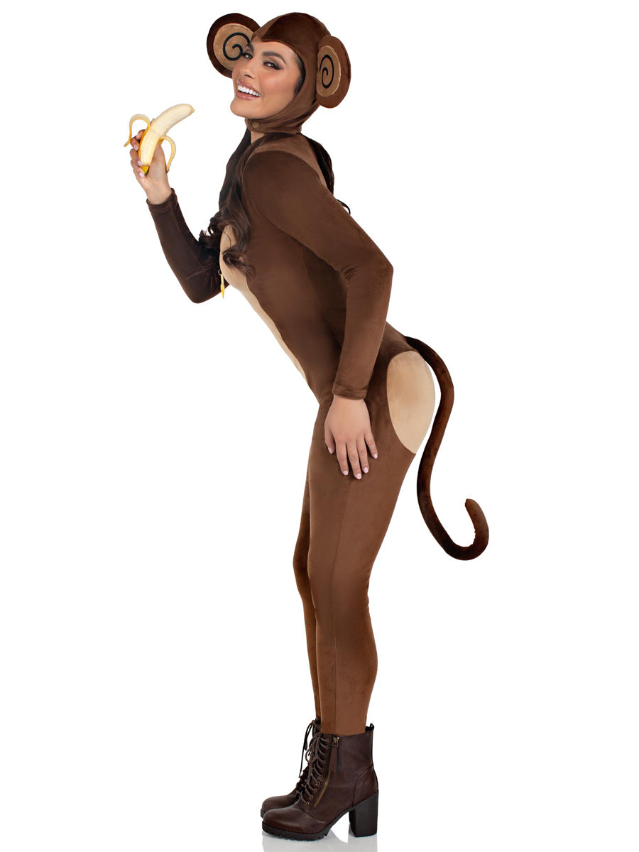 Womens Sexy Brown Cheeky Monkey Plush Animal Catsuit Costume Side Image