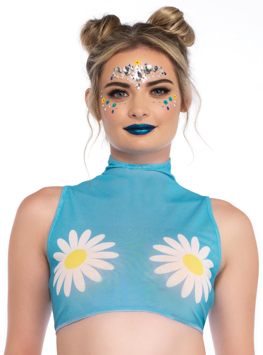 Womens Blue Daisy Print Mesh High Neck Festival Costume Crop Top Alternative Image 2