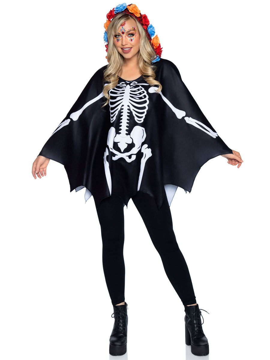 Womens Black Day Of The Dead Halloween Costume Poncho Main Image
