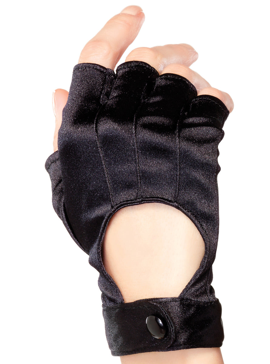 Fingerless Black Satin Womens Motorcycle Costume Gloves Close Image 2