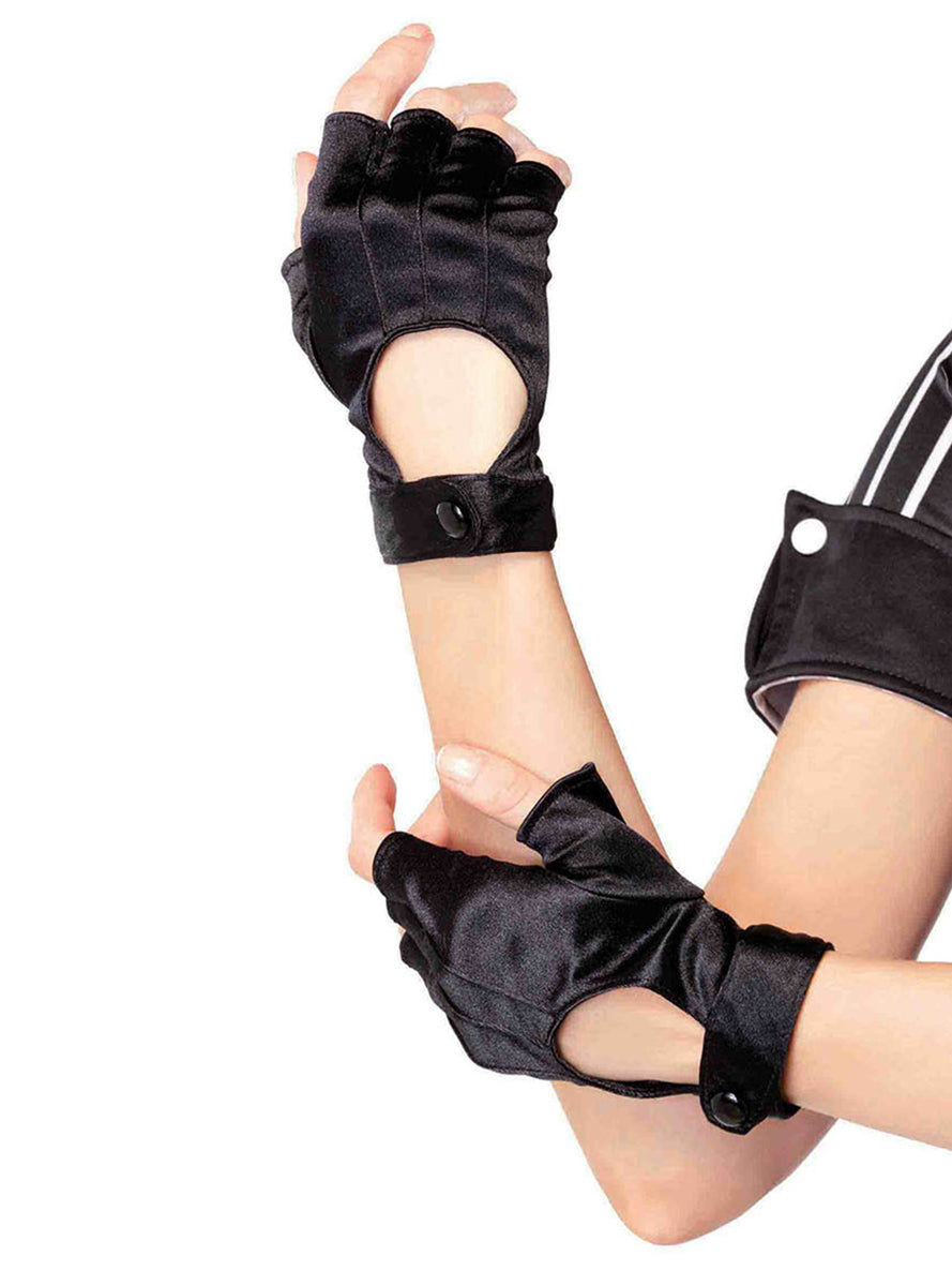Fingerless Black Satin Womens Motorcycle Costume Gloves Main Image