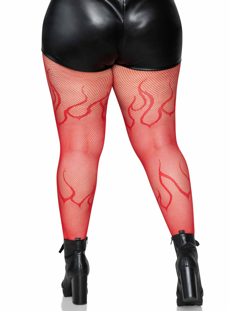 Plus Size Womens Red Flame Net Halloween Costume Tights Back Image