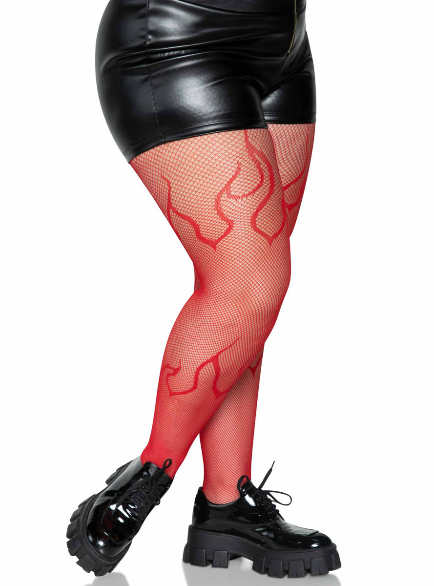 Plus Size Womens Red Flame Net Halloween Costume Tights Side Image