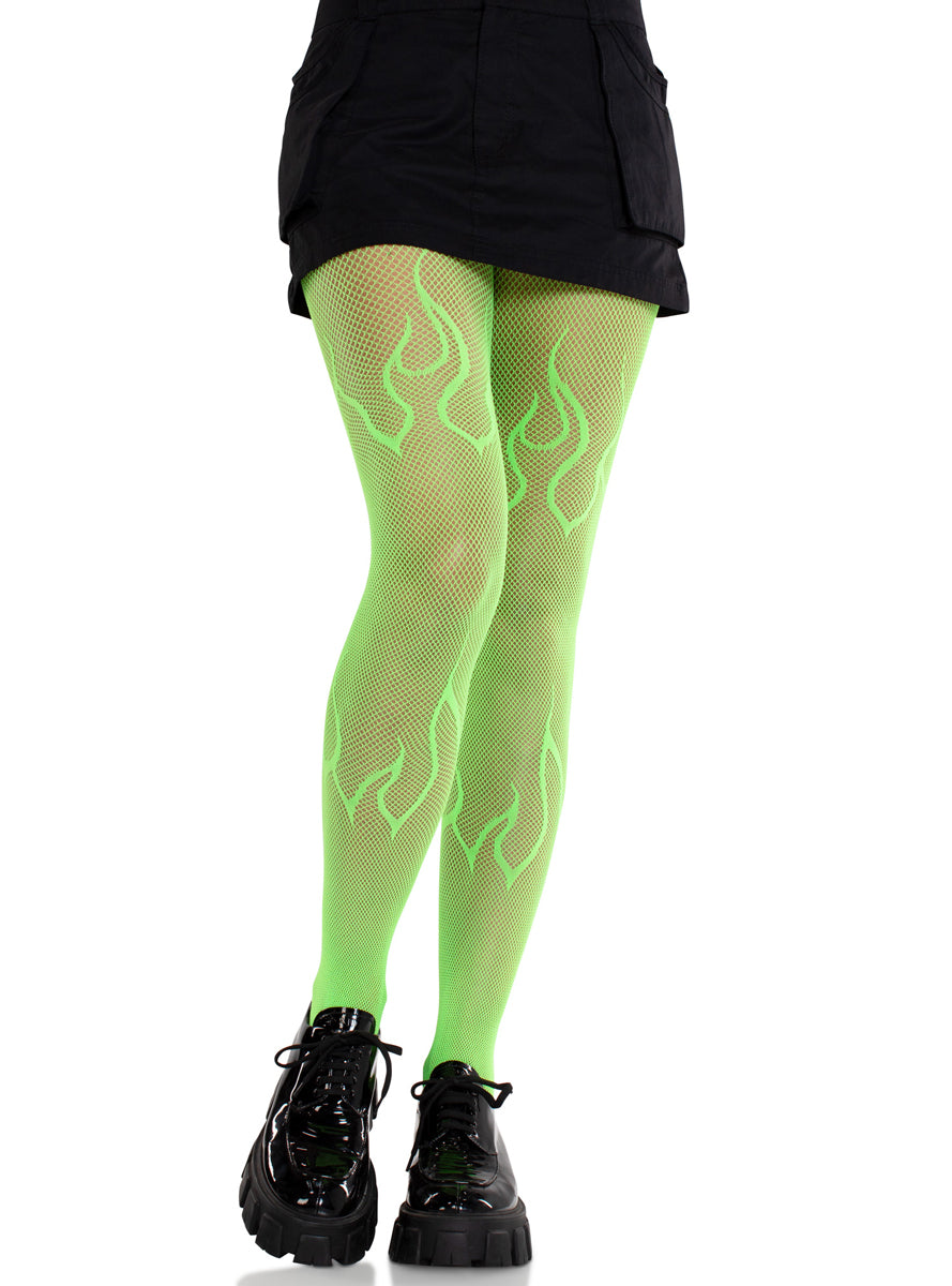 Womens Neon Green Flame Net Halloween Costume Tights Main Image