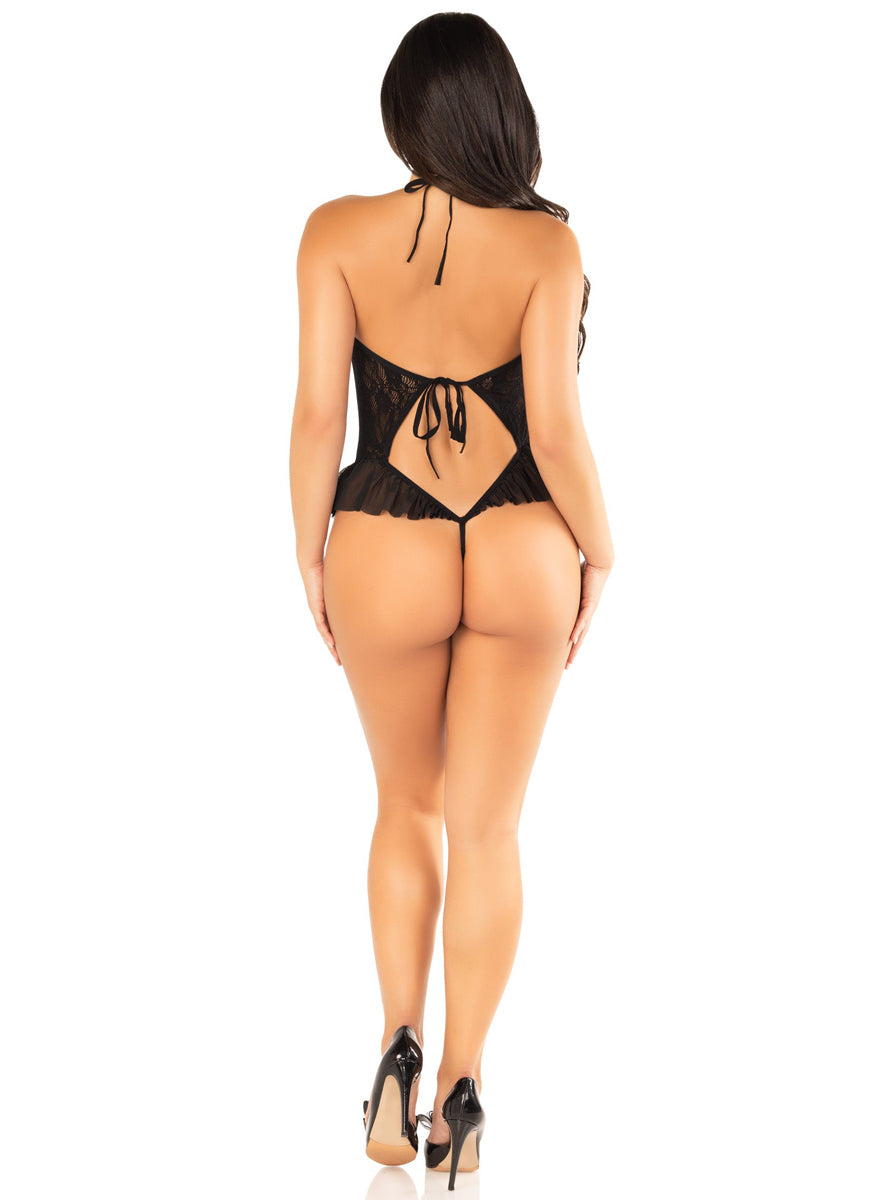 Sexy Womens Floral Lace Halter Bodysuit Back Image