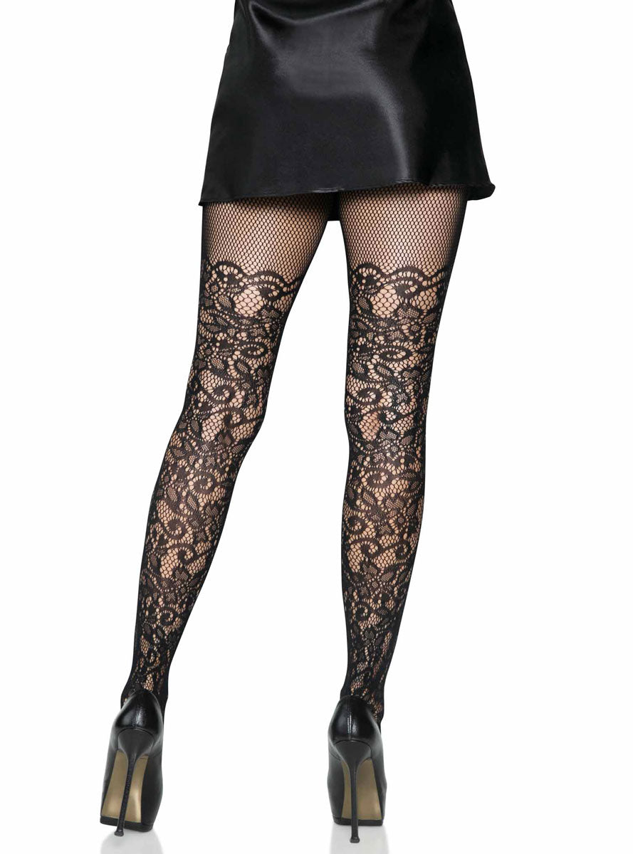 Womens Black Floral Vine Net Stockings Back Image