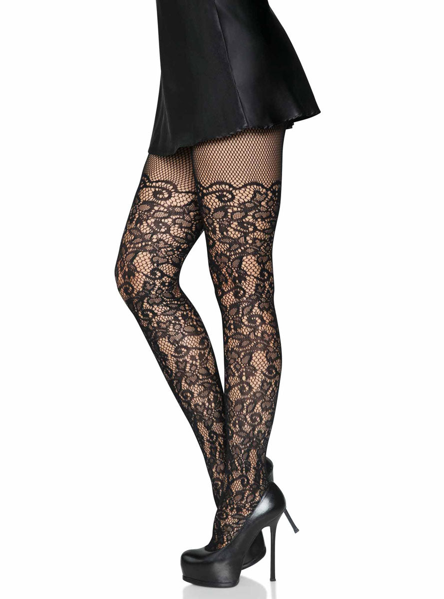 Womens Black Floral Vine Net Stockings Side Image