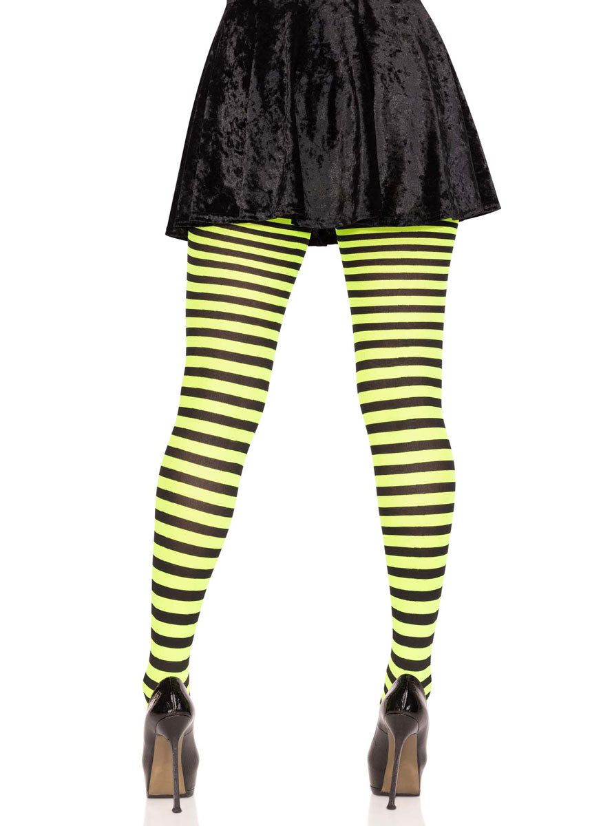 Womens Black And Lime Green Full Length Striped Costume Stockings Back Image
