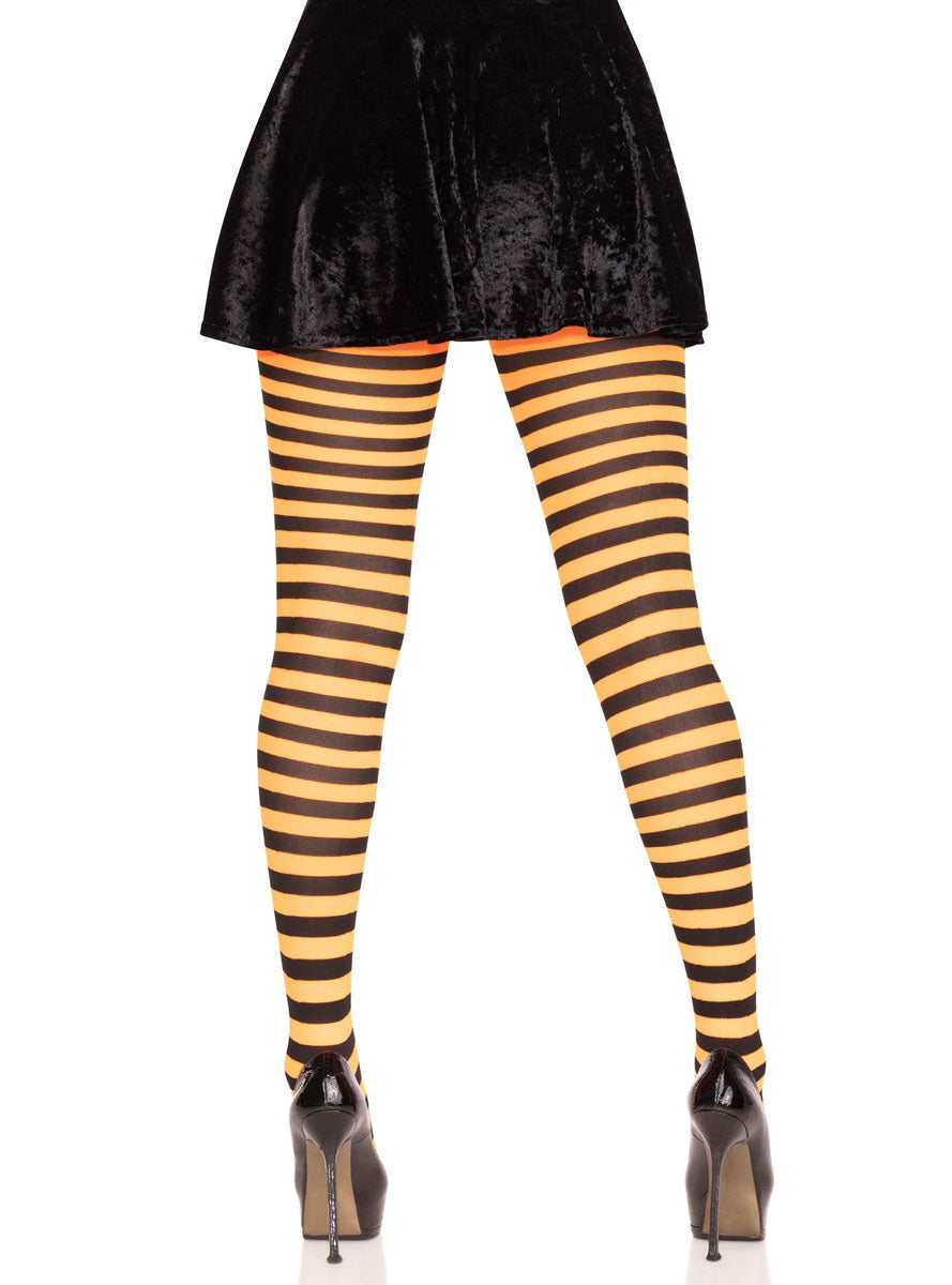 Womens Black And Orange Full Length Striped Costume Stockings Back Image