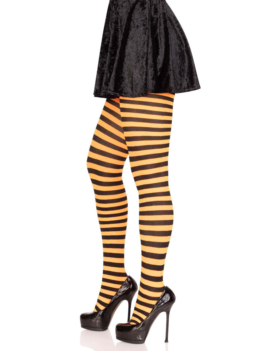 Womens Black And Orange Full Length Striped Costume Stockings Side Image