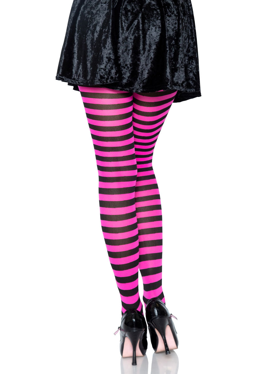 Womens Black And Pink Full Length Striped Costume Stockings Back Image