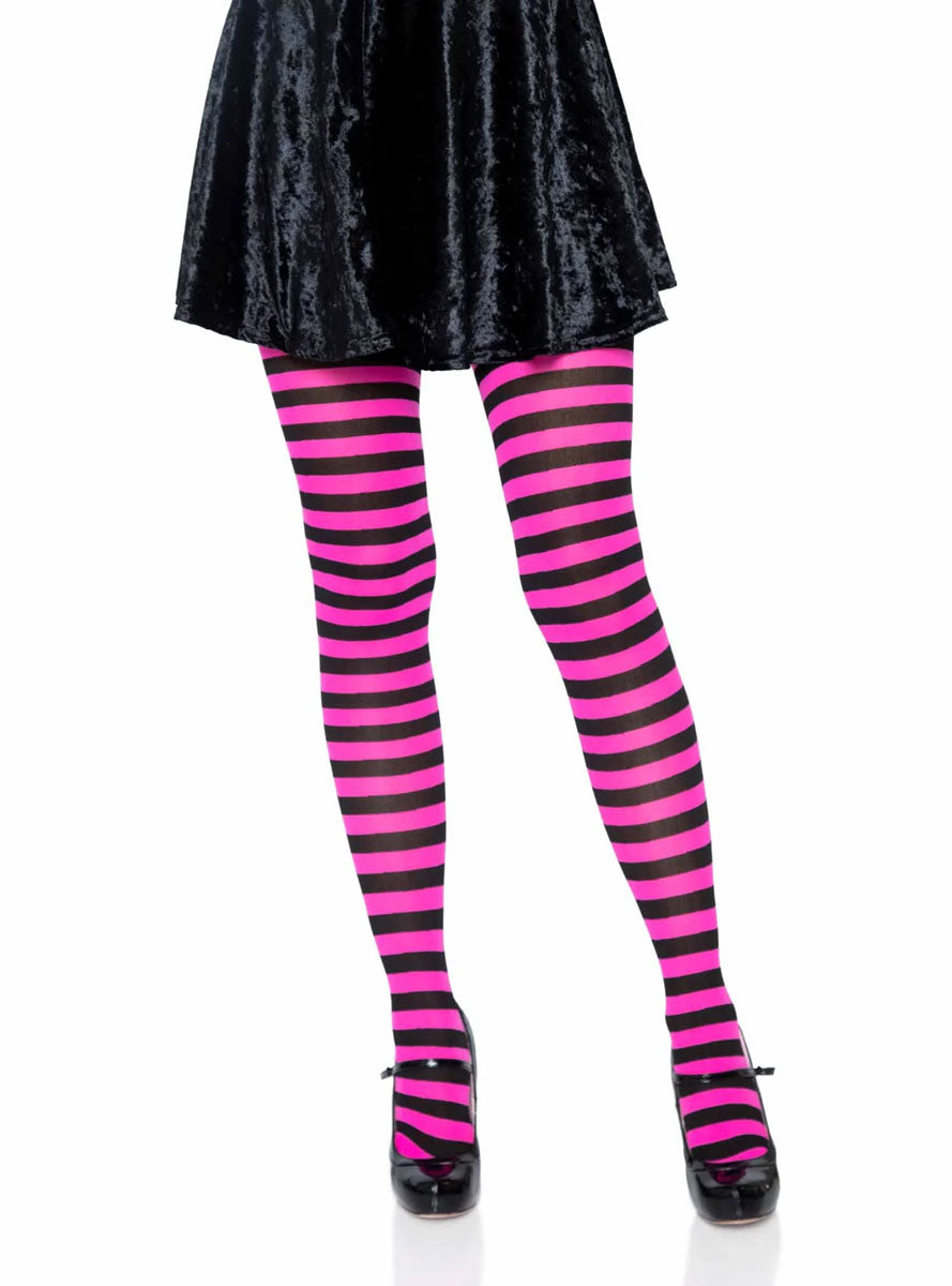 Womens Black And Pink Full Length Striped Costume Stockings Main Image