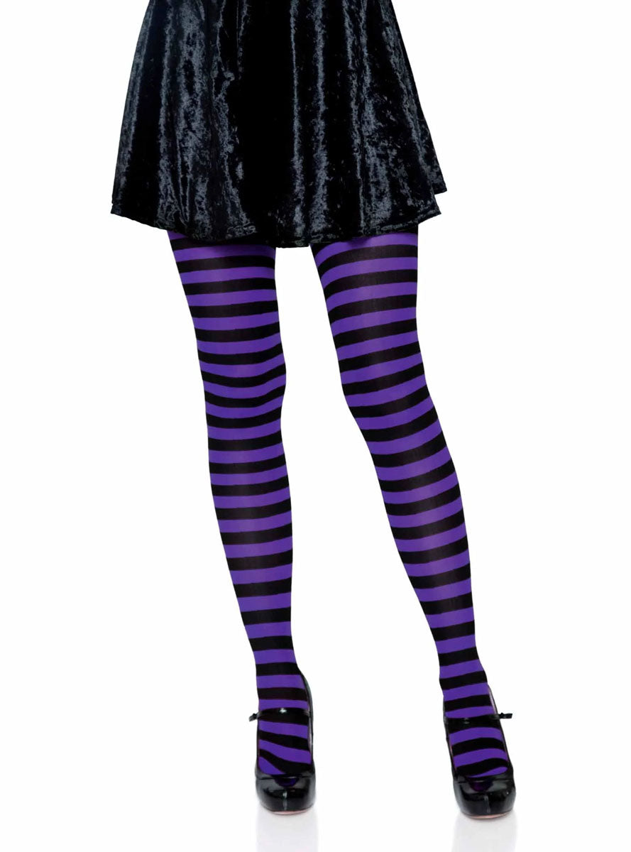 Womens Black And Purple Full Length Striped Costume Stockings Main Image