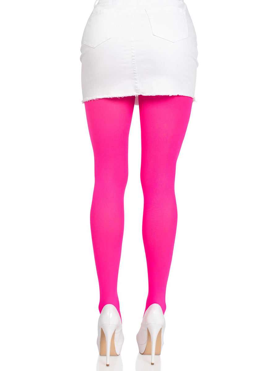 Opaque Neon Pink Women's Full Length Pantyhose - Back Image