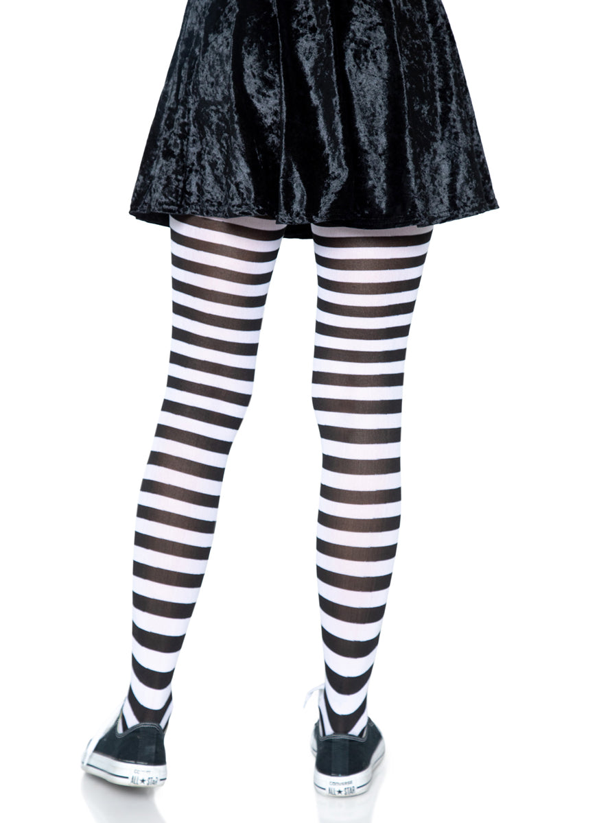 Women's Black and White Striped Full Length Halloween Pantyhose - Back Image