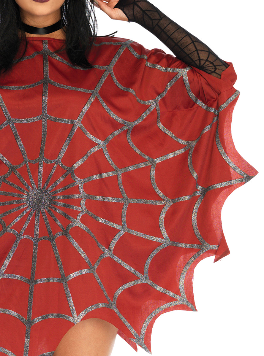Womens Red Glitter Spider Web Halloween Costume Poncho Close Image