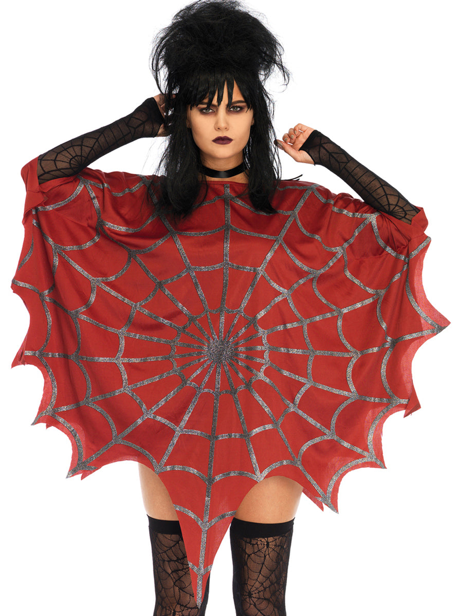 Womens Red Glitter Spider Web Halloween Costume Poncho Main Image