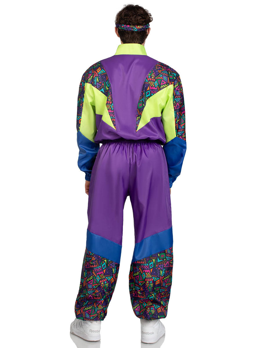 Mens Green And Purple Retro 80s Tracksuit Costume Back Image
