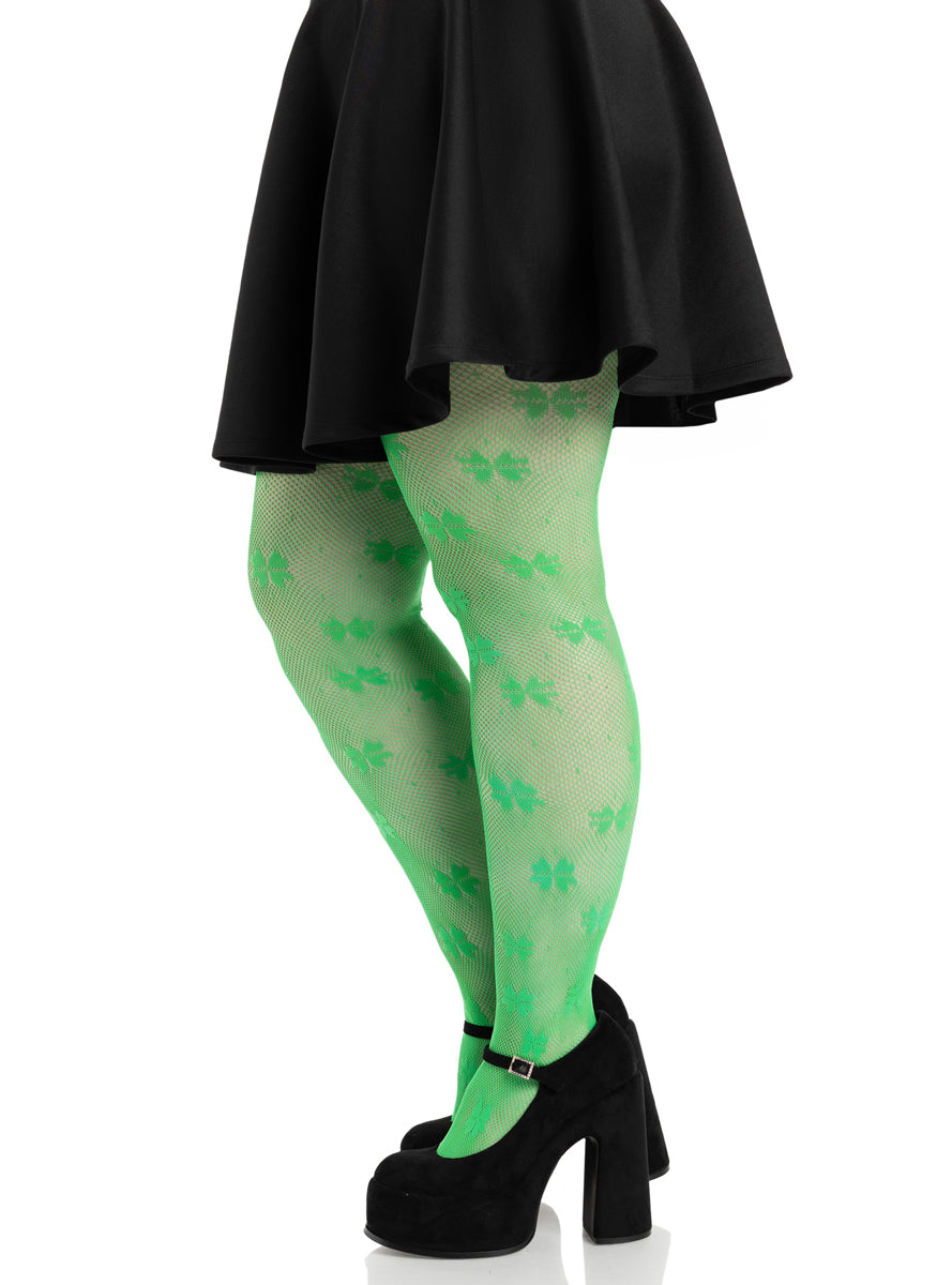 Plus Size Womens Green Clover Net Irish Costume Stockings Side Image