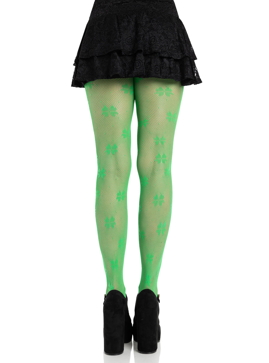 Womens Green Clover Net Irish Costume Stockings Back Image