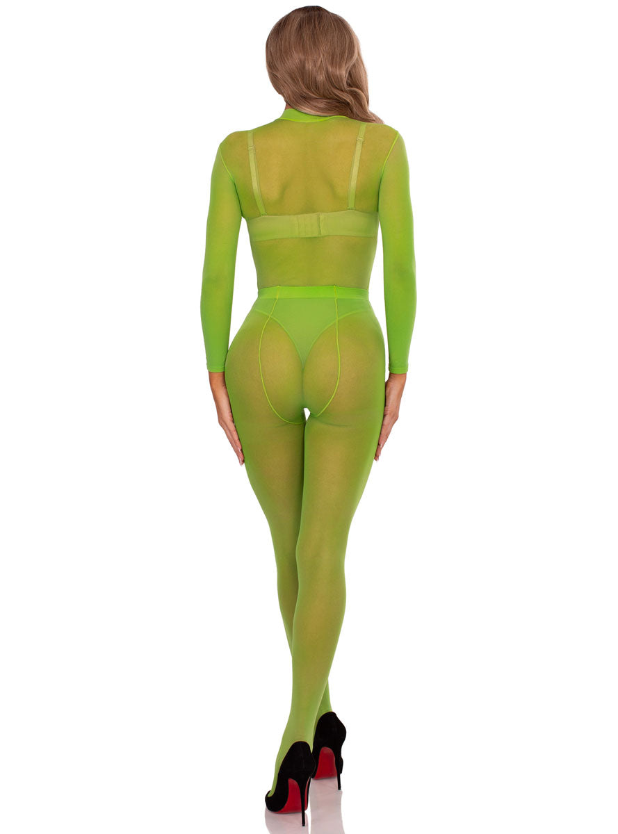 Womens Green Sheer Mesh Long Sleeve Bodysuit And Tights Set Back Image