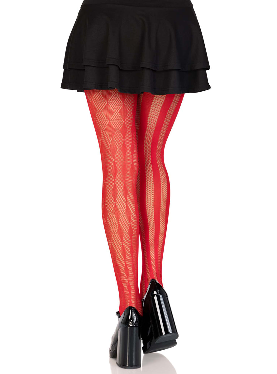 Womens Red Harlequin Net Full Length Costume Tights Back Image