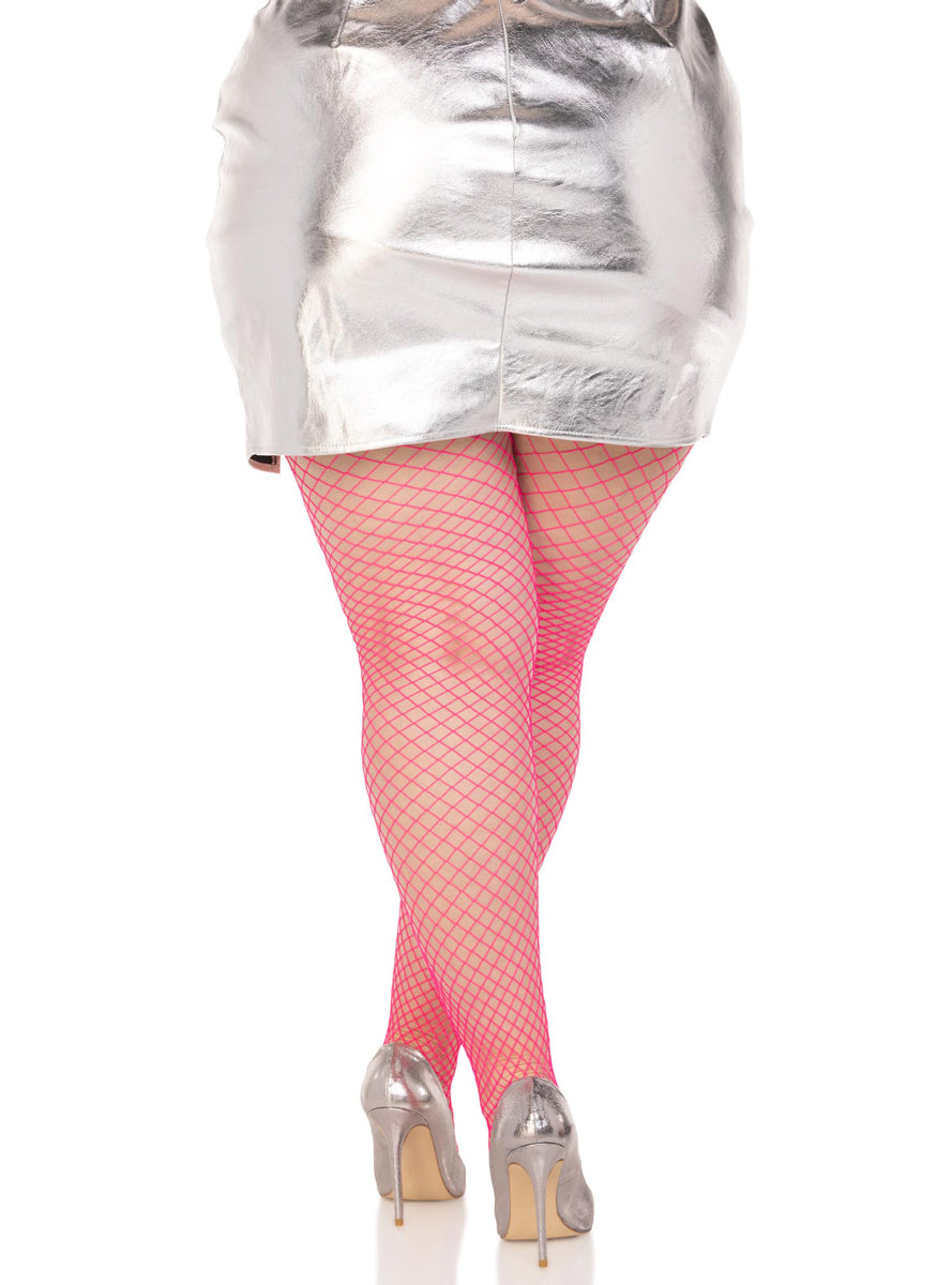 Plus Size Womens Neon Pink Industrial Net Spandex Stockings Back Image