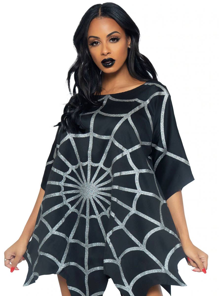 Black and Sliver Womens Glittery Spiderweb Costume Poncho - Close up Front Image