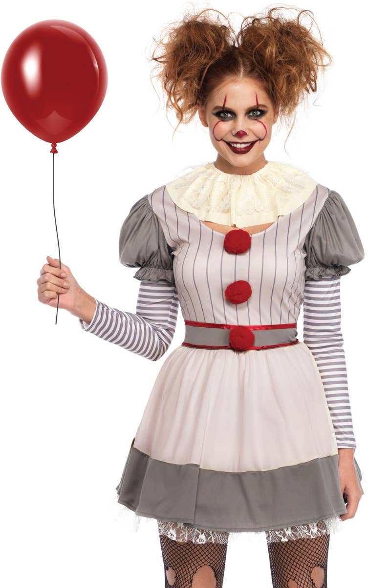 Women's Creepy Clown Pennywise Halloween Costume - Close Front Image