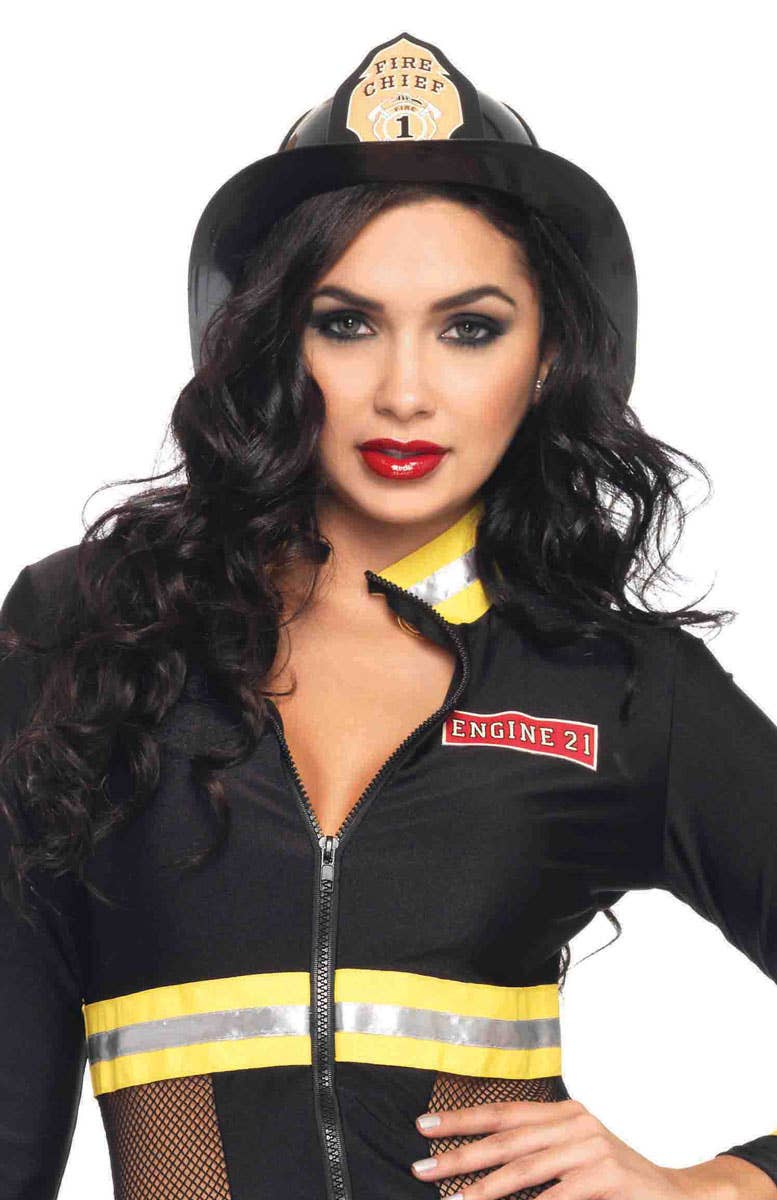 Women's Deluxe Black Firefighter Costume Hat - Front Image