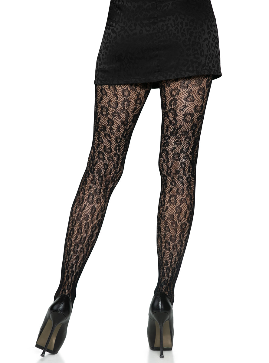 Womens Black Leopard Net Full Length Costume Tights Back Image