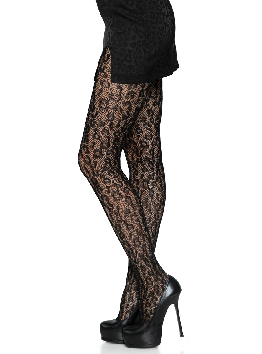 Womens Black Leopard Net Full Length Costume Tights Side Image