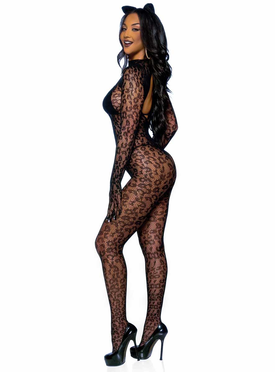 Womens Black Leopard Net Gloves Seamless Costume Catsuit Side Image