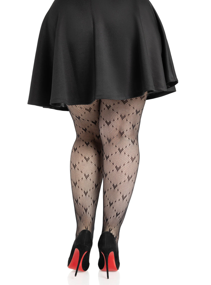 Plus Size Womens Black Love Struck Heart Net Tights Back Image