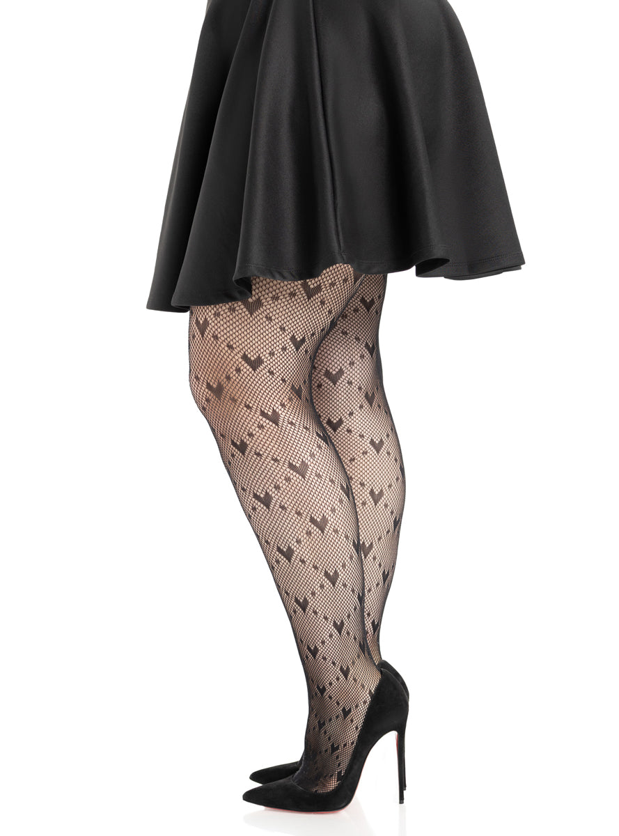 Plus Size Womens Black Love Struck Heart Net Tights Side Image