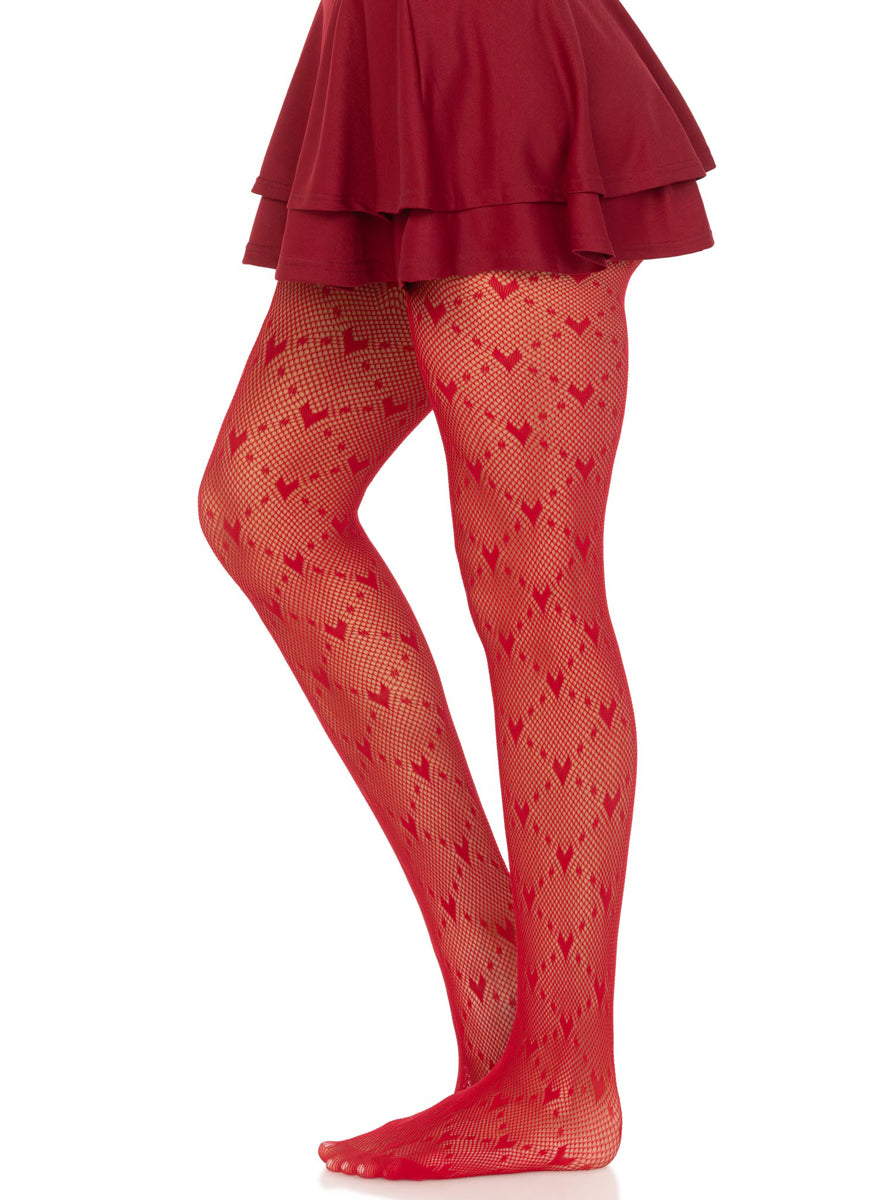 Womens Red Love Struck Heart Net Tights Side Image