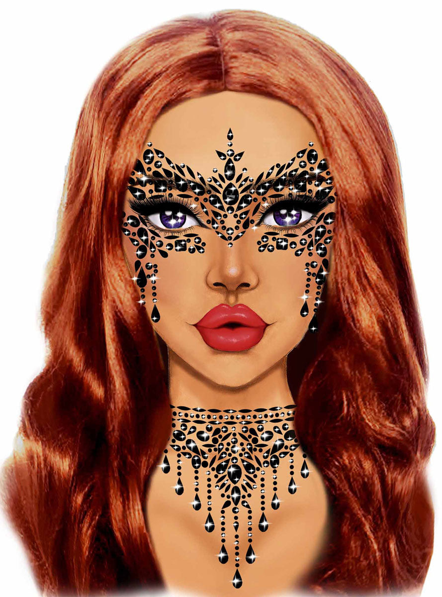 Womens Black Masquerade Mask Stick On Face Jewels Alternative Image