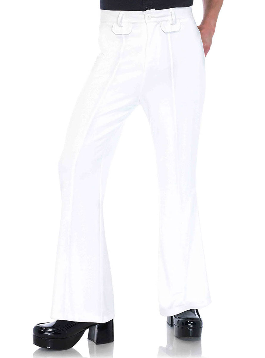 Mens White 1970s Disco Bell Bottom Flared Costume Pants